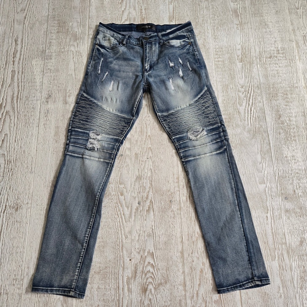 Reason Brand Mens Moto Biker Jeans Blue Distressed Ripped Slim Fit Size 32